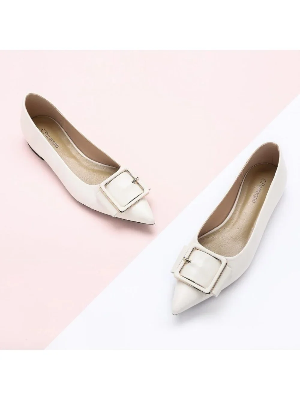 Women's White Pointed Toe Square Buckle Flats Elegant Slip-On Comfortable Shoes
